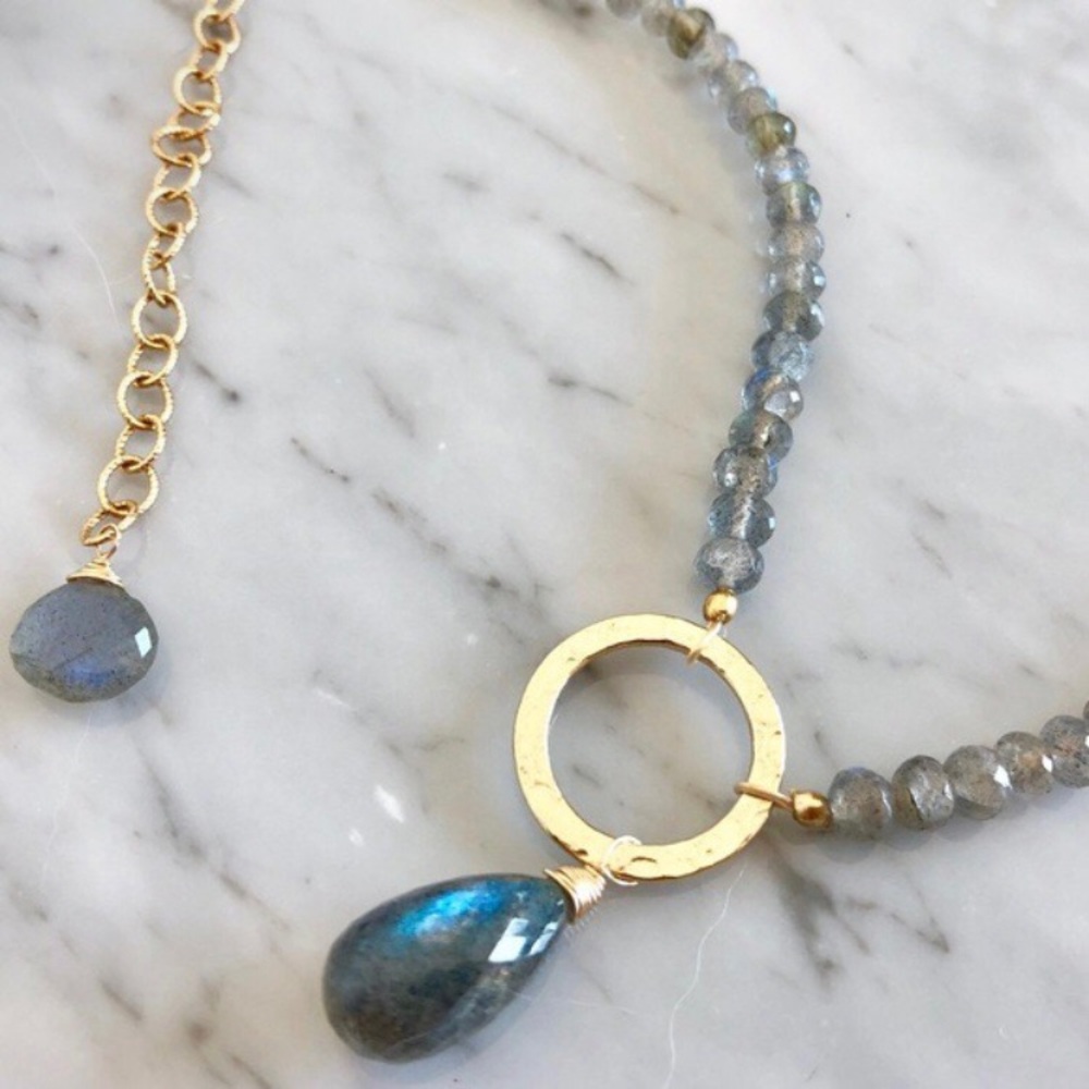 New Genuine Natural Blue Fire Grey Labradorite Gold Filled Necklace
